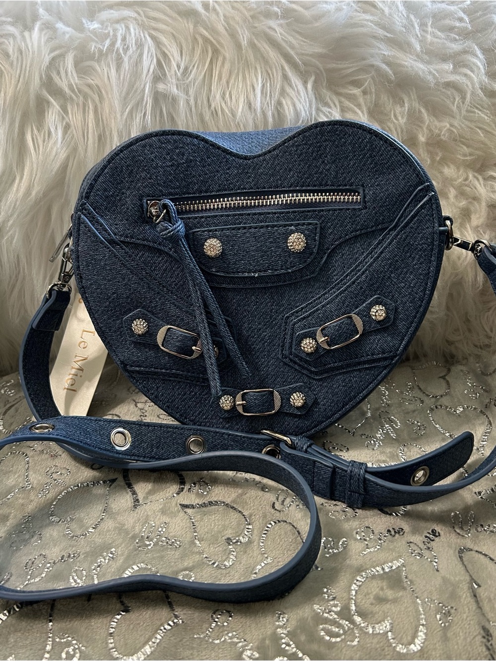 NWT Le Miel Denim Heart-Shaped and Silver Studded Crossbody Bag - Blue